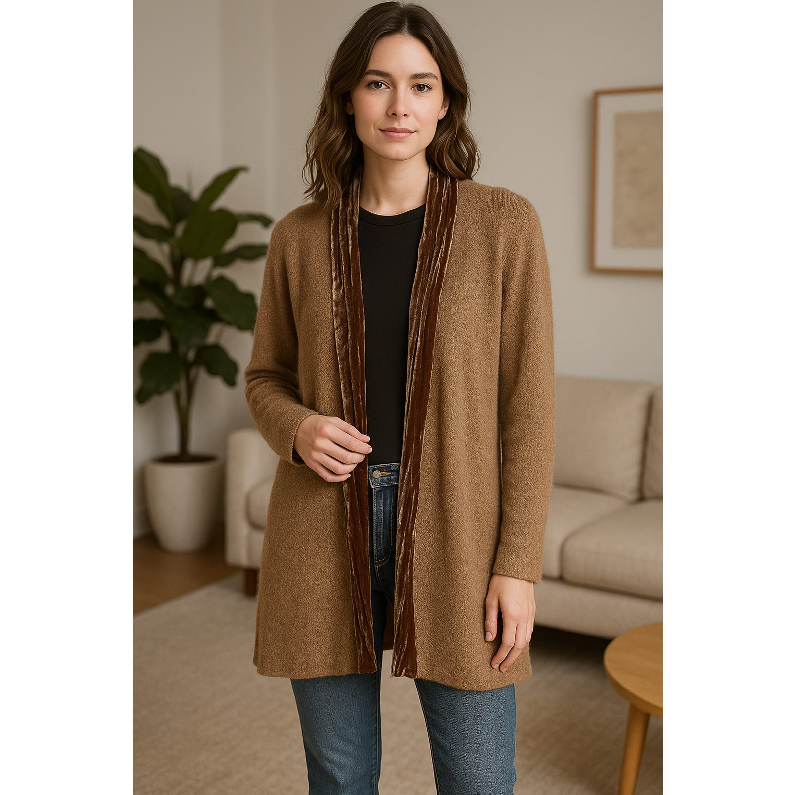 J.Jill Sweater Women Medium Brown Longline Cardigan Merino Wool Silk Velvet-Trim